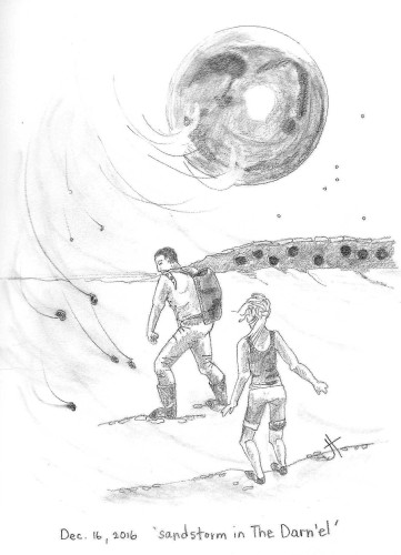 in Meniscus: Crossing The Churn, my two main characters have to find their way across a desert and cope with sandstorms and scarce water
